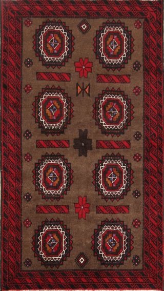 Brown Geometric Balouch Afghan Oriental Hand - Knotted 3x6 Wool Area Rug