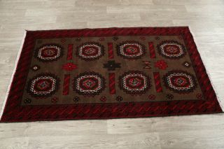 Brown Geometric Balouch Afghan Oriental Hand - Knotted 3x6 Wool Area Rug 7