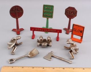 5 Antique Arcade Cast Iron Toy Traffic Signs,  3 Nickel Drivers & 2 Nickel Tools