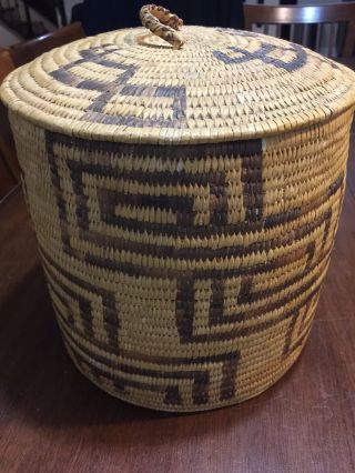 Antique Vintage Native American Indian Pima Papago Basket With Lid 8