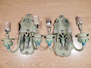 Antique Art Deco Green Painted Brass Double Bulb Wall Sconces To Restore