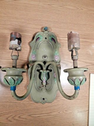 ANTIQUE ART DECO GREEN PAINTED BRASS DOUBLE BULB WALL SCONCES TO RESTORE 2