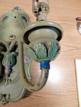 ANTIQUE ART DECO GREEN PAINTED BRASS DOUBLE BULB WALL SCONCES TO RESTORE 3