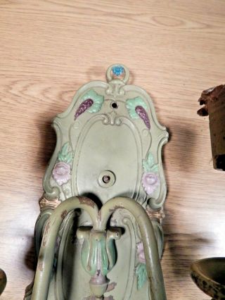 ANTIQUE ART DECO GREEN PAINTED BRASS DOUBLE BULB WALL SCONCES TO RESTORE 5