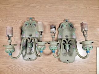 ANTIQUE ART DECO GREEN PAINTED BRASS DOUBLE BULB WALL SCONCES TO RESTORE 8