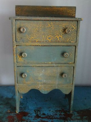 Antique 3 Drawer Spice Cabinet/box/cupboard/chest - Aafa - Old Blue/green Paint - Prim