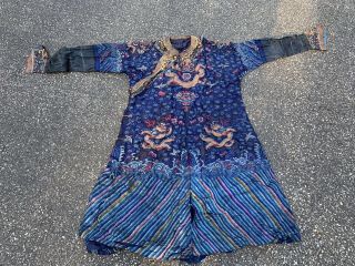 Old Chinese Qing Dynasty Silk Court Robe With Gold Metallic Dragons