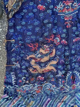 Old Chinese Qing Dynasty Silk Court Robe With Gold Metallic Dragons 5