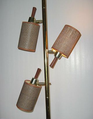 Mcm Danish Modern Teak Tension Pole Lamp W/matching Rattan Shades