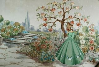 EMBROIDERED,  PAINTED ' 3D ' CRINOLINE LADY GARDEN FLORAL PICTURE 1930 2