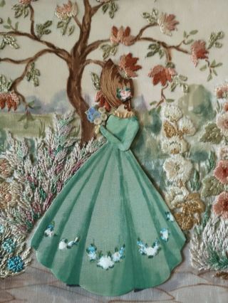 EMBROIDERED,  PAINTED ' 3D ' CRINOLINE LADY GARDEN FLORAL PICTURE 1930 3