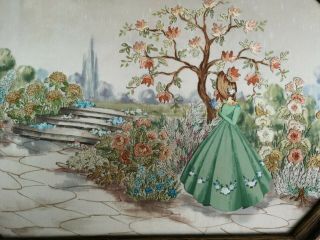 EMBROIDERED,  PAINTED ' 3D ' CRINOLINE LADY GARDEN FLORAL PICTURE 1930 4