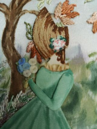 EMBROIDERED,  PAINTED ' 3D ' CRINOLINE LADY GARDEN FLORAL PICTURE 1930 5