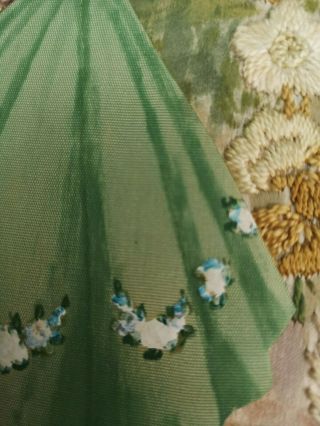 EMBROIDERED,  PAINTED ' 3D ' CRINOLINE LADY GARDEN FLORAL PICTURE 1930 6