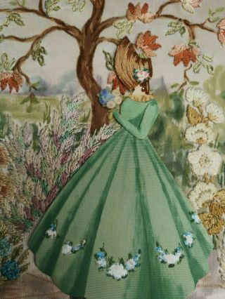 EMBROIDERED,  PAINTED ' 3D ' CRINOLINE LADY GARDEN FLORAL PICTURE 1930 7