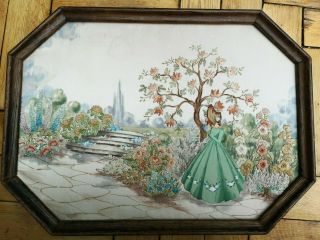 EMBROIDERED,  PAINTED ' 3D ' CRINOLINE LADY GARDEN FLORAL PICTURE 1930 8