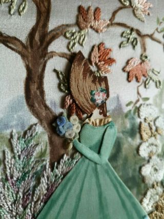 EMBROIDERED,  PAINTED ' 3D ' CRINOLINE LADY GARDEN FLORAL PICTURE 1930 9