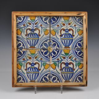 Four Delft Polychrome Tiles " Vase With Flowers " First Half 17th Century