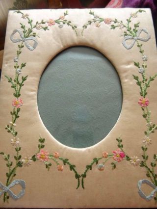 Antique Embroidered Ribbon Work Flowers On Silk Photograph Frame C.  1880