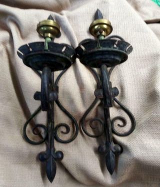Old Antique Mission Era Tole Wrought Iron Wall Sconces Lamps Set Two 2