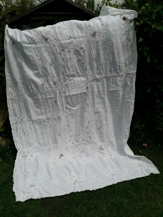 VINTAGE IRISH LINEN MADEIRA TABLECLOTH BANQUET WHITE SHABBY CHIC HAND EMBROIDERY 2