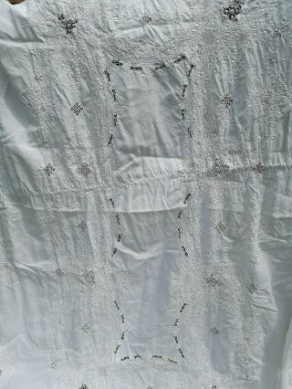 VINTAGE IRISH LINEN MADEIRA TABLECLOTH BANQUET WHITE SHABBY CHIC HAND EMBROIDERY 4