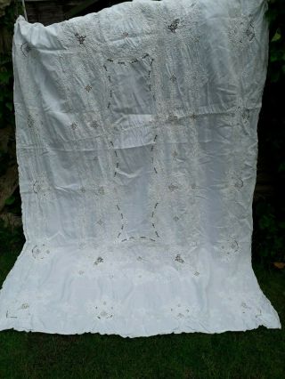 VINTAGE IRISH LINEN MADEIRA TABLECLOTH BANQUET WHITE SHABBY CHIC HAND EMBROIDERY 5