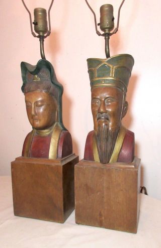 Pair Antique Hand Carved Wood Chinesel Wood Electric Table Lamp Bust Sculpture