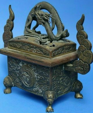 LARGE EARLY CHINESE GILT BRONZE CENSER WITH RAISED DRAGON LID EXTREMELY RARE 2