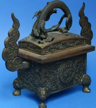 LARGE EARLY CHINESE GILT BRONZE CENSER WITH RAISED DRAGON LID EXTREMELY RARE 4