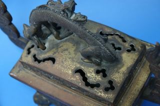LARGE EARLY CHINESE GILT BRONZE CENSER WITH RAISED DRAGON LID EXTREMELY RARE 7