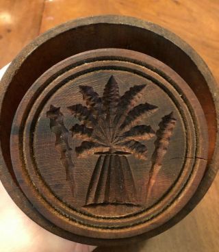 Antique Hand Made Wood Butter Stamp Mold Carved Wheat Sheaf Tree