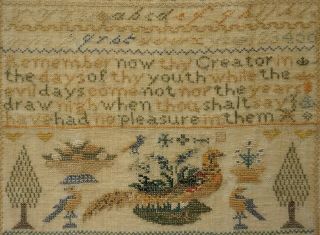 MID 19TH CENTURY PHEASANT,  MOTIF & QUOTATION SAMPLER BY MARY KEMP AGED 10 - 1862 10