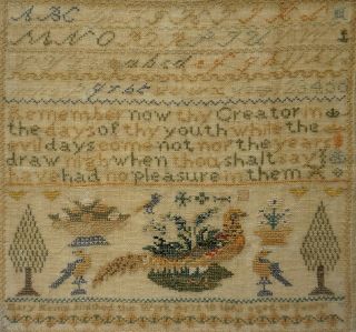 MID 19TH CENTURY PHEASANT,  MOTIF & QUOTATION SAMPLER BY MARY KEMP AGED 10 - 1862 11