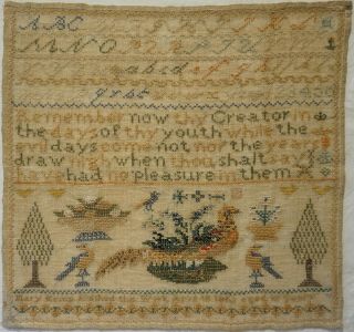 Mid 19th Century Pheasant,  Motif & Quotation Sampler By Mary Kemp Aged 10 - 1862