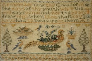 MID 19TH CENTURY PHEASANT,  MOTIF & QUOTATION SAMPLER BY MARY KEMP AGED 10 - 1862 8