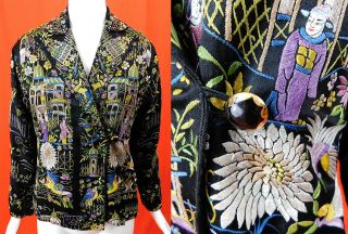 Antique Chinese Figural Birds Colorful Silk Embroidered Piano Shawl Jacket Vtg