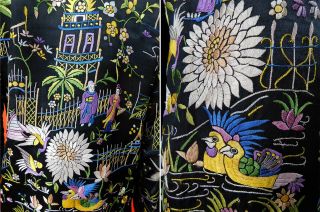 Antique Chinese Figural Birds Colorful Silk Embroidered Piano Shawl Jacket Vtg 4