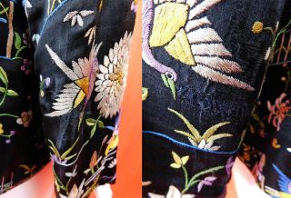 Antique Chinese Figural Birds Colorful Silk Embroidered Piano Shawl Jacket Vtg 5