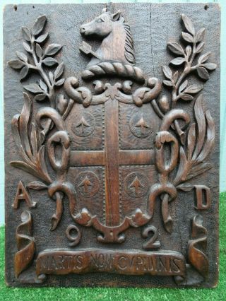 19thc Gothic & Heraldic Wooden Panel: Heraldic Carving,  Horse Head C1892