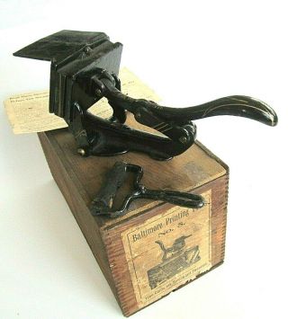 BALTIMORE 5 PRINTING PRESS LEVER LETTERPRESS WITH DOVE TAIL BOX AND INSTRUCTION 12