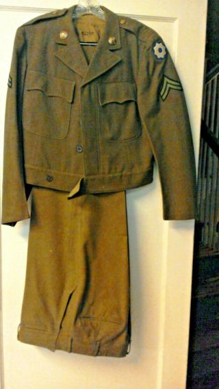 Vtg Us Army Uniform Ike Jacket & Pants War Military Patches Pins Unknown Wool?