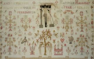 EARLY 19TH CENTURY ADAM & EVE,  JESUS & MOTIF SAMPLER BY HANNAH HALLIDAY - 1809 10