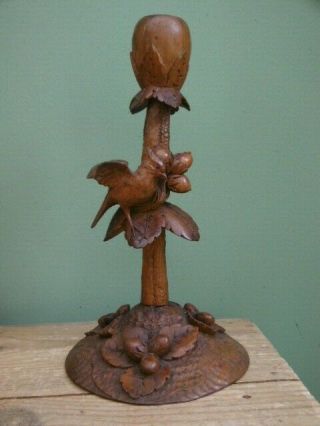 Pr 19thc Black Forest Oak Carved Candlesticks With Birds & Acorns.  1870 