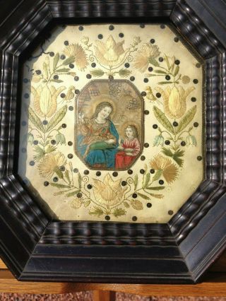 Unique Antique France Religious Needlework Embroidered With Print Wood Framed