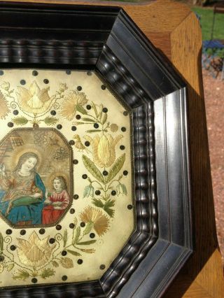 Unique Antique France Religious Needlework Embroidered With Print Wood Framed 4