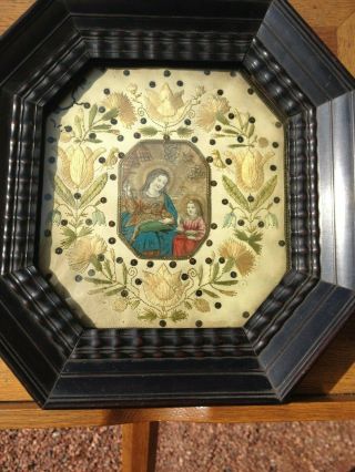 Unique Antique France Religious Needlework Embroidered With Print Wood Framed 5