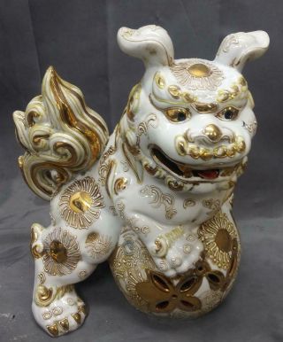 Two 2 Chinese Asian Oriental Foo Dogs Statues Art Pottery Porcelain Set 3