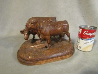 Antique Black Forest 9 " Carved Wood Figure / Sculpture Of 2 Cows 1800 