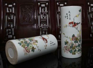 Pair Old Rare Famille Rose Chinese Porcelain Hat Tube Vase H11.  02